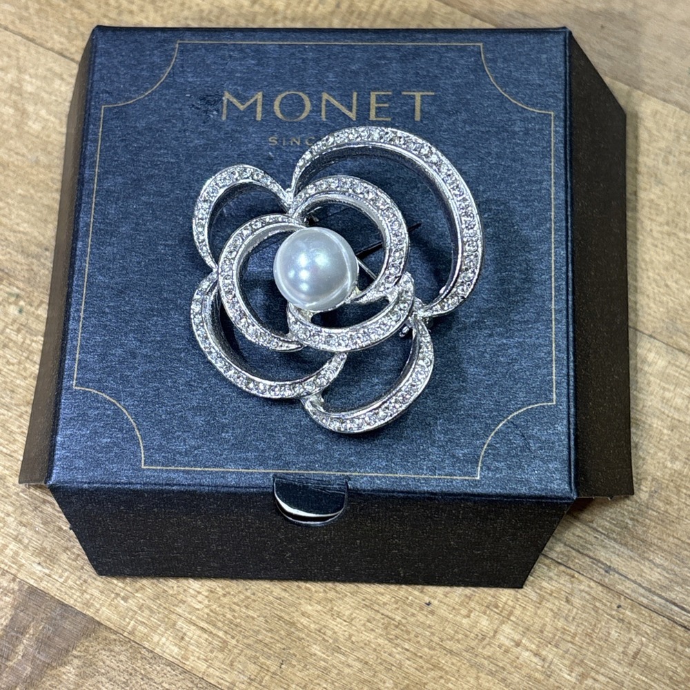 Vintage 1990s Monet Crystal Faux Pearl Camellia Flower Brooch Silver Tone